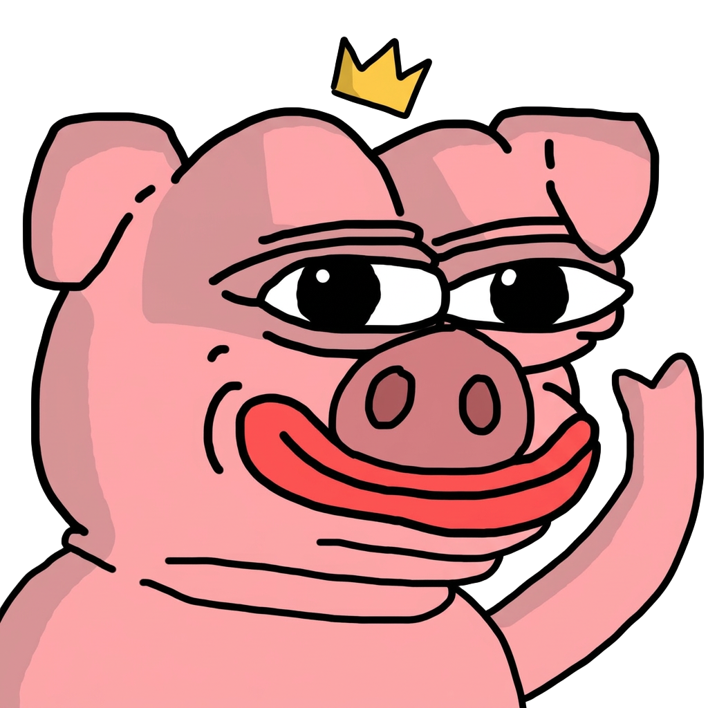 Poochi, the smug crowned pink pig, giving his blessing