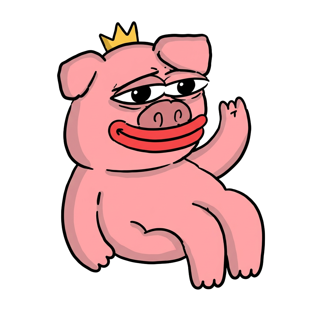 Poochi, the smug crowned pink pig, giving his blessing